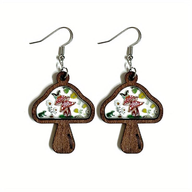 TEMU 2pcs Fashion Creative Wooden Mushroom Acrylic Splicing Earrings Cute Exquisite Design Versatile Earrings Gifts For And Lovers Earrings For Women And Men