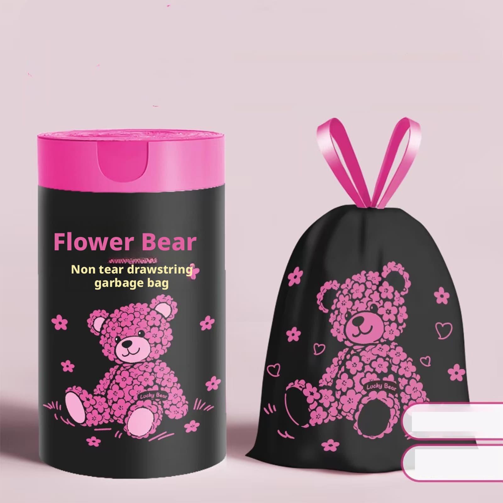 TEMU 1 Roll/100 Cherry Bear Scented Trash Bags - Thickened Drawstring Trash Bags, Tear-resistant Design, Large Capacity 45x45 Cm, Scented Trash Bags, Suitable For Daily Use