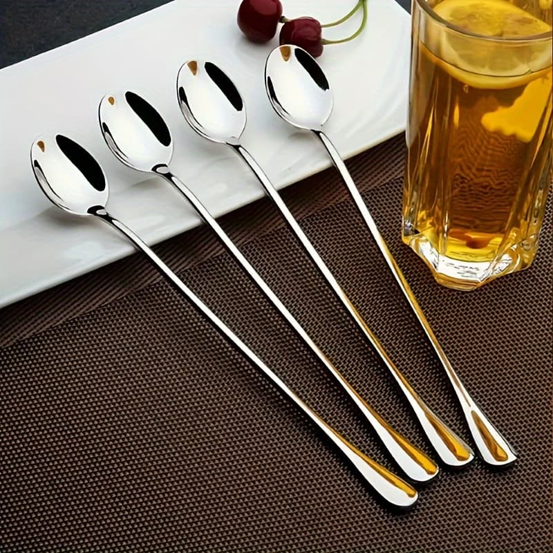 TEMU 4pcs Stainless Steel Long Handled Ice Tea Spoon, Coffee Spoon, Ice Cream Mixing Spoon, In Dishwasher, Kitchen Utensils, Tableware Set Suitable For Desserts, Home And Kitchen Utensils