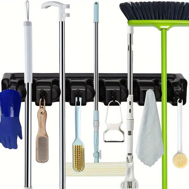 TEMU Movable 30'' Broom And Mop Holder Wall Mount With Sliding 5 Racks 6 Hooks | Storage Organizer Wall Hanger, Cleaning Tool Hanging Grippers For Kitchen, Bathroom, Garden, Garage, Laundry