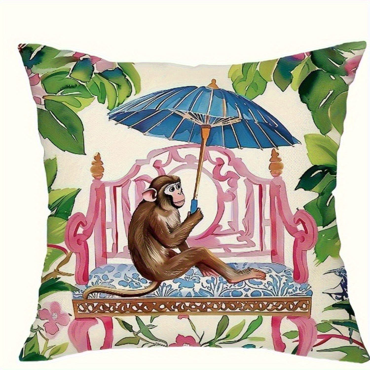TEMU 1pc Of An 18x18 Inch Throw Pillow Cover Featuring A Vintage Chinoiserie Design With Monkey And Floral Patterns In And White. Machine Washable And Durable, Suitable For Indoor And Outdoor Use