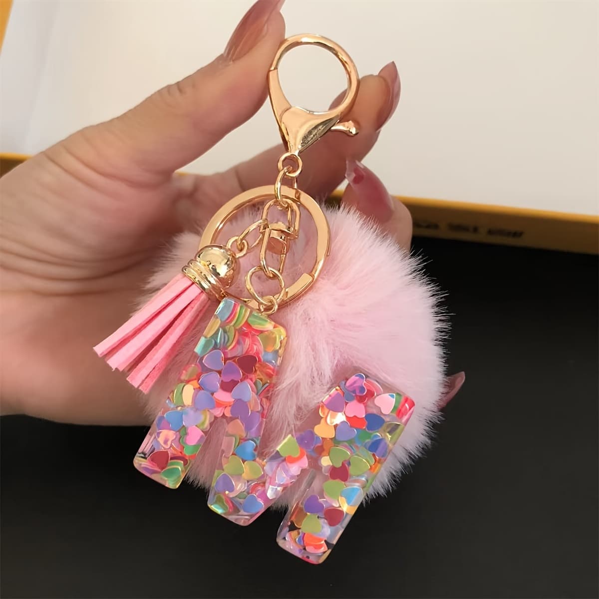 TEMU 1pc Women's A-z Initial Letter Keychain With Pink Plush Ball & Clasp - Single Letter Pendant (a-z), Pink & Suitable For Backpack, Car Keys, Birthday Gifts For,, Women