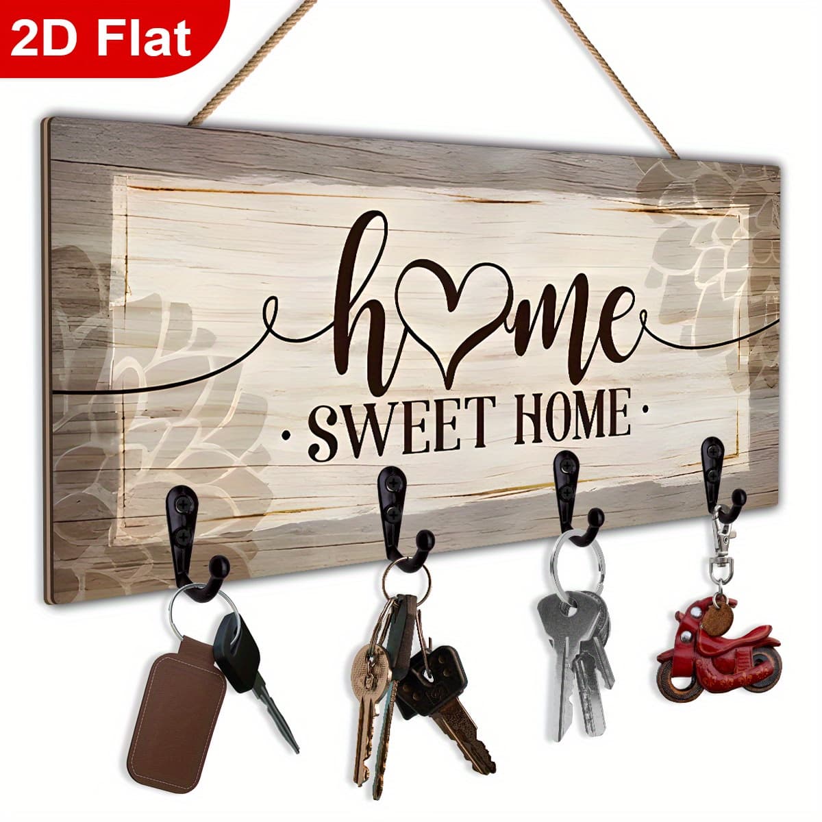 TEMU 2d Wooden Key Holder, 2d Flat "" Wall-mounted Keys Rack With 4 Hooks - Farmhouse Modern Decor For Kitchen, Bathroom & Bedroom | Durable Timber Construction , 2d Flat
