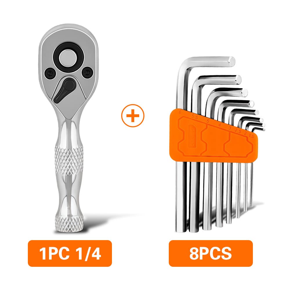 TEMU 9pcs Quick Ratchet Wrench Set 72-tooth Short Handle Auto Repair Tool Kit With Hex Key And Auto-reverse Socket Head For Car Bike Motorcycle Furniture