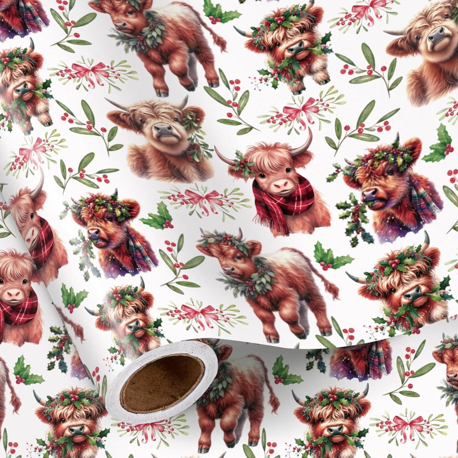 TEMU Holiday-themed Wrapping Paper Featuring An Adorable Highland Cow With A Wreath And Scarf, Perfect For Wrapping Gifts For Children, Women, And Families, Embodying A Farmhouse Style For Christmas
