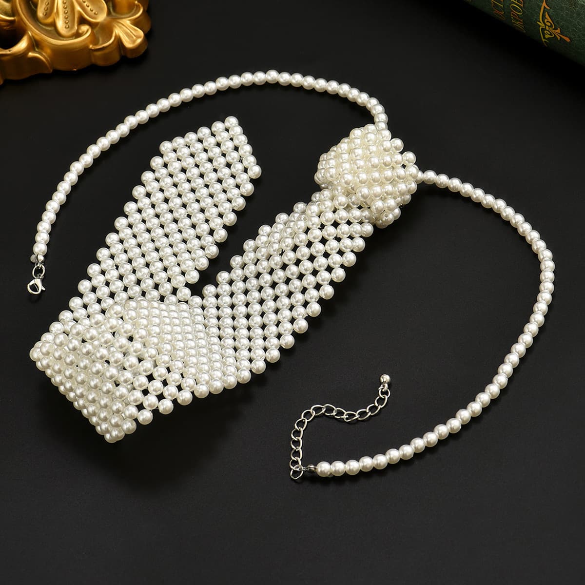 TEMU Pearl Tie Knot, Women's Beaded Cut-outs, Design Sense Vintage Statement Faux Collar