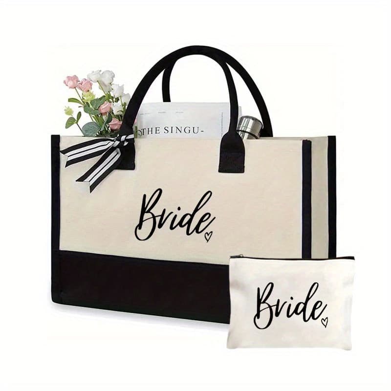 TEMU 2pcs Elegant Women's Tote Bag Set, Bride Design - Versatile Style, Matching Makeup Pouch, Fashion Companion, Commuter Tote For Women, Gift For