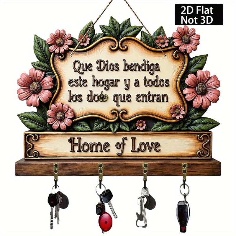 TEMU 2d Flat And Green Leaves Home Key Rack With 4 Metal Hooks | Ideal For Wall, Porch, Room, And Villa Decoration, Suitable For All , Size: 11.0 X 9.06 Inches, Wood Material, , Wall Mount