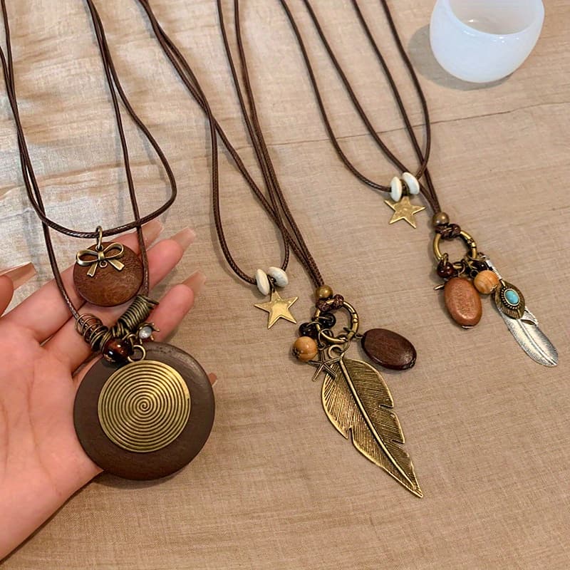 TEMU 6pcs Retro Bohemian Style Women's Long Pendant Double Layered Necklace Set Made Of Alloy Material With Feather Patterns, Perfect For Daily Wear And Gift