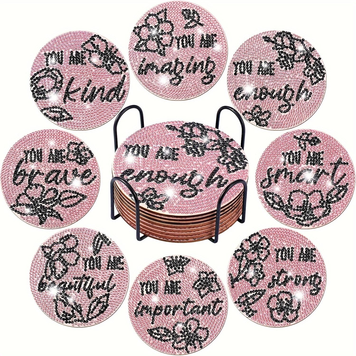 TEMU 8/set Diy Round Quadrilateral Diamond Painting Coaster Kit Language Pattern Coaster Suitable For Home Decoration And Gifts