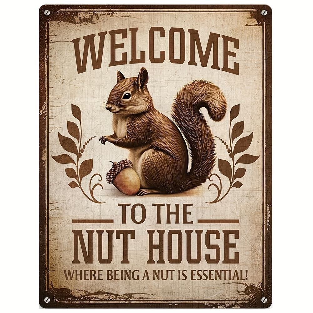 TEMU 2d Flat, 2d Flat Vintage "welcome To " Squirrel Metal Tin Plaque, 12*8 Inches, Rustic Farmhouse Wall Art For Home, Outdoor Patio, Garden & Deck Decor, Pre-drilled & Easy To Hang, 2d Flat