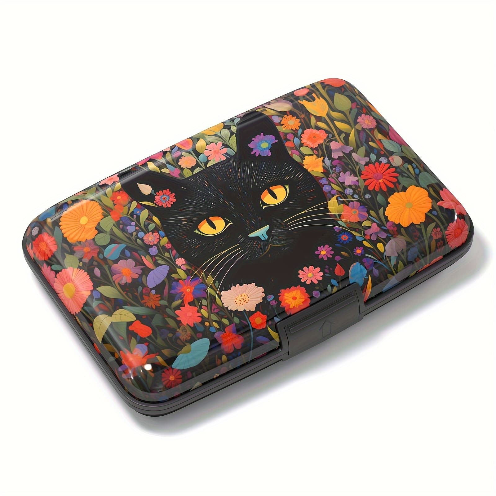 TEMU Aluminum Credit Card Holder, Mini Credit Card Wallet Rfid Blocking Ultra-thin Metal Hard Case, Suitable For Women And Men, Floral Cat
