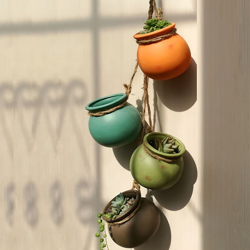 TEMU 4pcs/set Mini Succulent Planter, Boho Hanging Flower Pot, Stackable Ceramic Wall Unit For Indoor Outdoor Home Decor, : 4*flower Planters 1*jute Rope