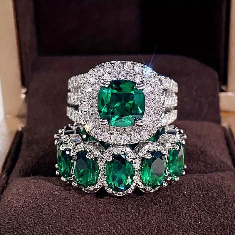 TEMU Fashion Silvery Color Green Stone Ring Set Wedding Band Valentine's Day Jewelry