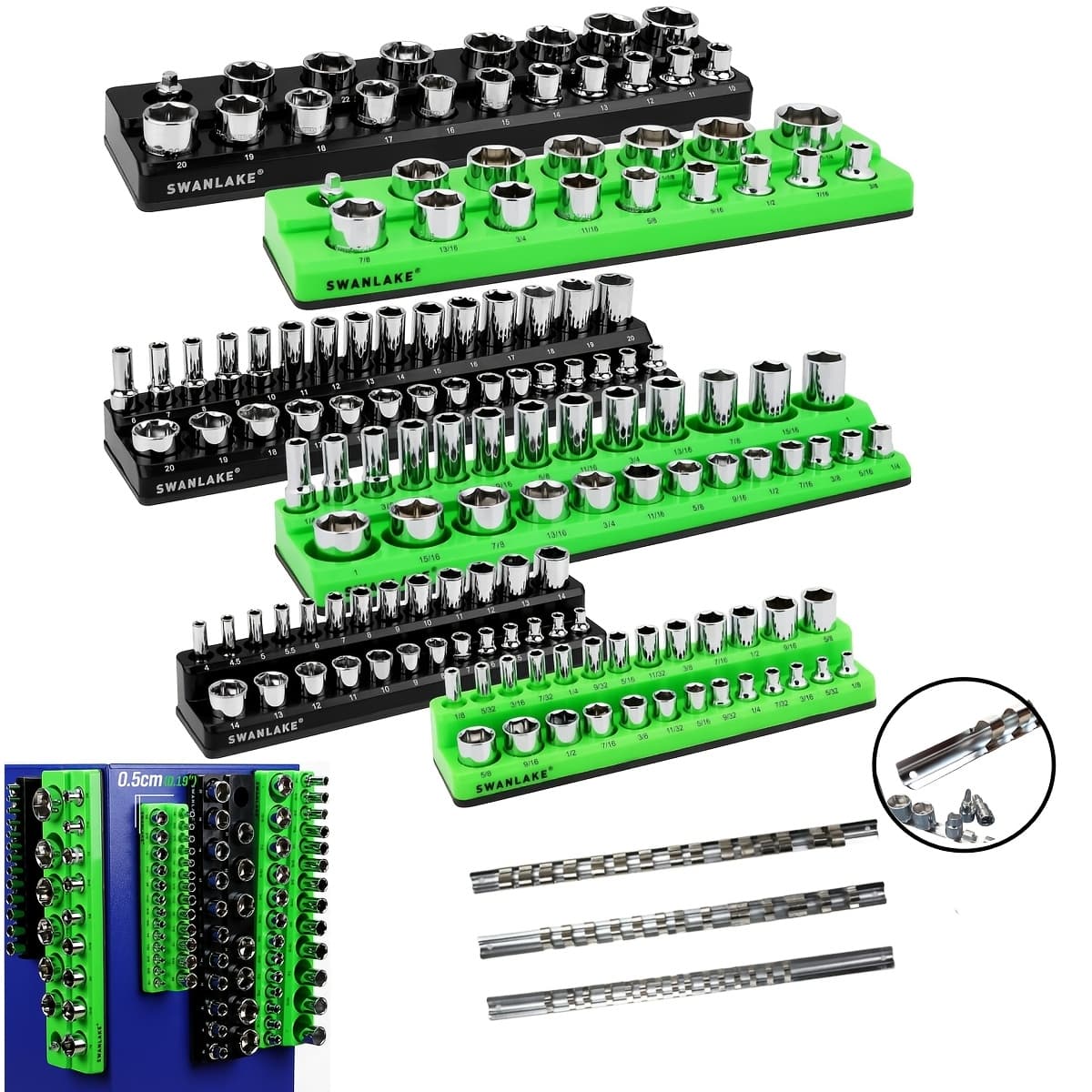 TEMU Magnetic Socket Organizer Set, 6pcs 1/4", 3/8", 1/2" Sae& Metric Sockets Holder, Drive Socket Trays, Storage Tool Box, Holding 143 Slots, Soft Covering Black