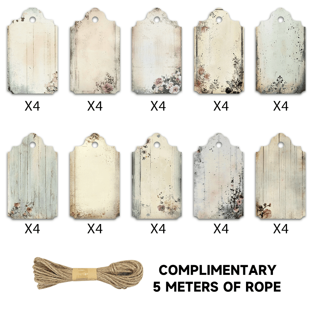 TEMU 40pcs Of Vintage Floral Message Tags, , Part Of A Retro Distressed Series, Featuring 10 Different , Perfect For Cards, Message Cards, Decor, Love Greeting Cards, Party Cards, And Includes Twine