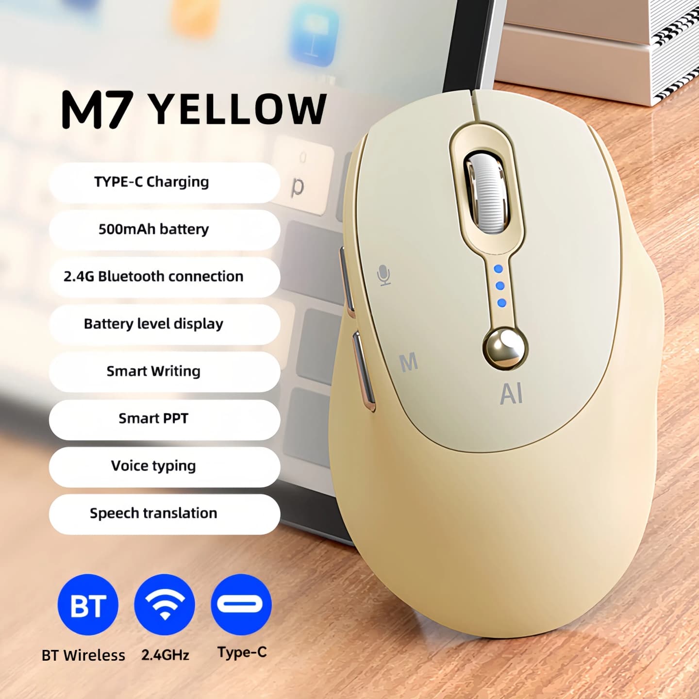 TEMU New Ai Office & Study Wireless Mouse - Voice Input & Translation, Auto Writing & Ppt Assistant, Bt+2.4g, Rechargeable With Battery Indicator, Portable Mouse For Laptop, Tablet & Pc