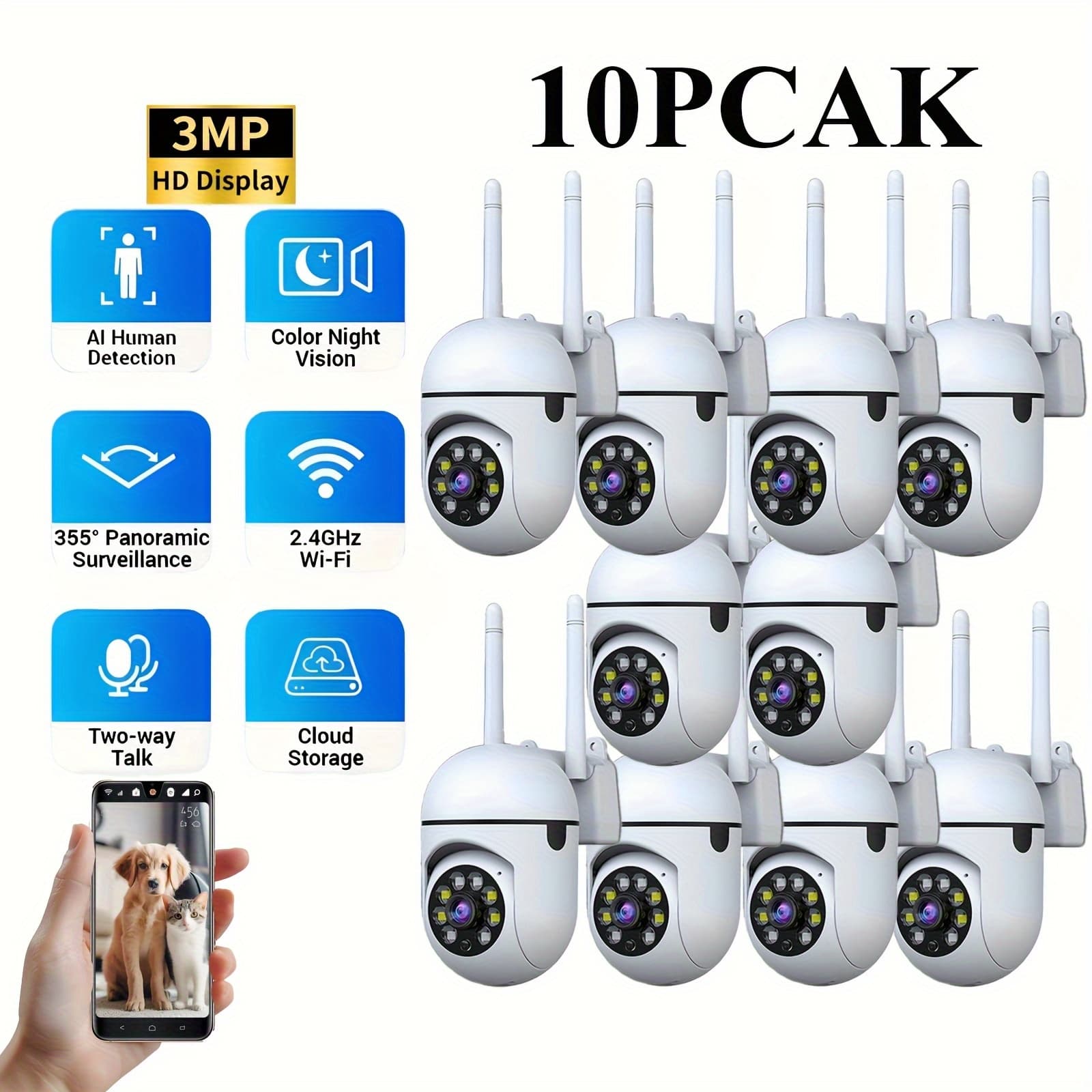 TEMU Set Of 10 Ai Surveillance Cameras: High Definition Indoor Wireless Cameras Featuring 360° Automatic Tracking, Sensing, Color Night Vision, And Options For Cloud/sd Storage, Usb Plug-and-play