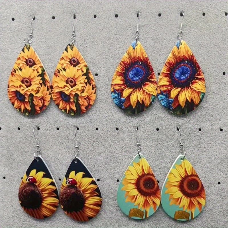 TEMU 4 Pairs Sunflower Water Drop Earrings, Fashionable And Vibrant Design, Women And Anyone Who Floral Accents