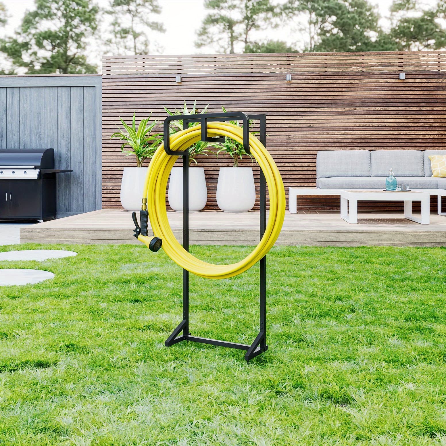 TEMU Heavy-duty Metal Freestanding Garden Hose Reel Stand With Spikes - Outdoor Hose Holder Suitable For Outside, Stable Hose Reel With Hooks, Water Hose Rack For Lawn,, Garden Use