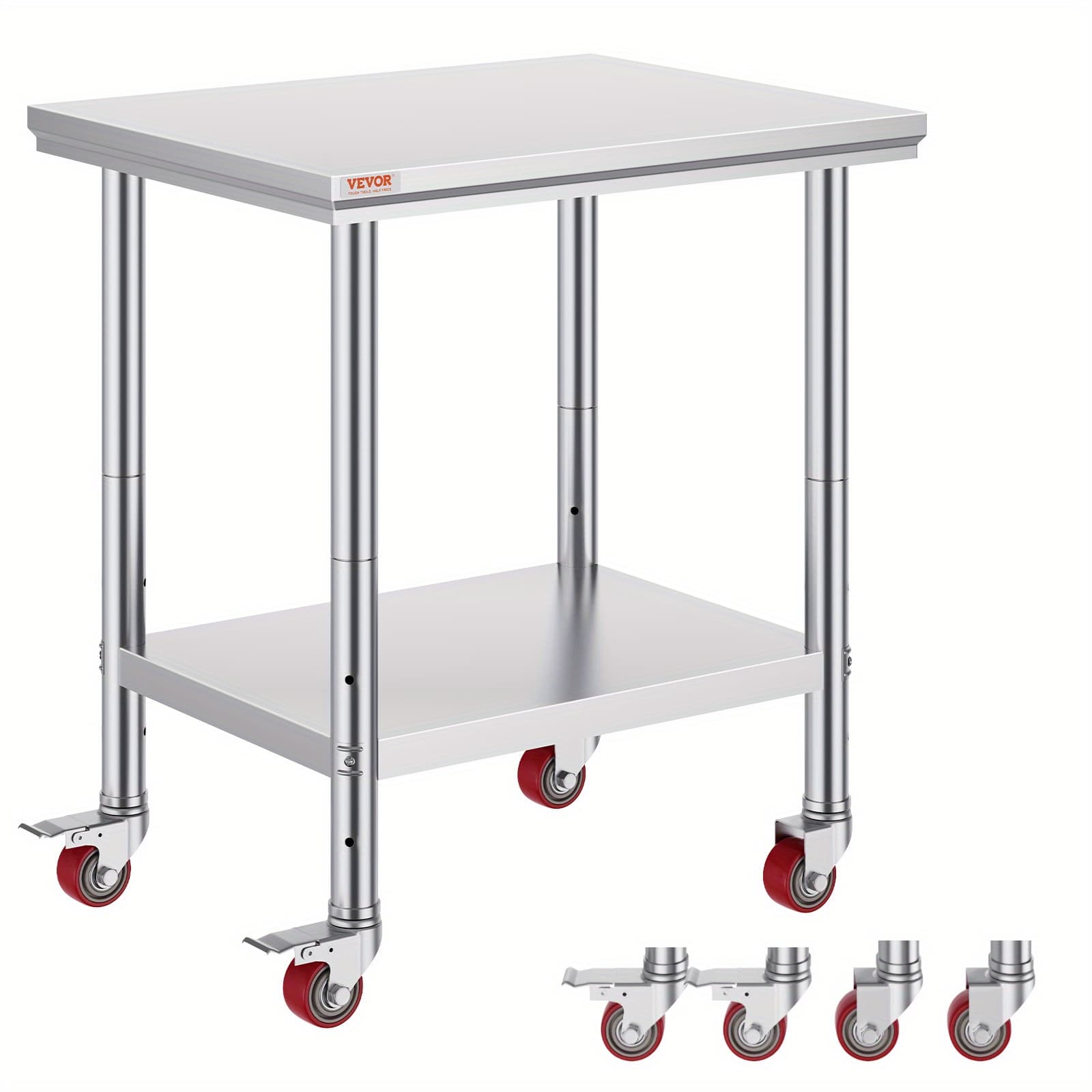 TEMU Vevor Stainless Table 30 X 24 X 33 Inch, 700 Lbs Load Capacity With 4 Wheels, 3 Adjustable Height Levels, Heavy Duty Food Prep Worktable For Commercial Kitchen Restaurant, Silver