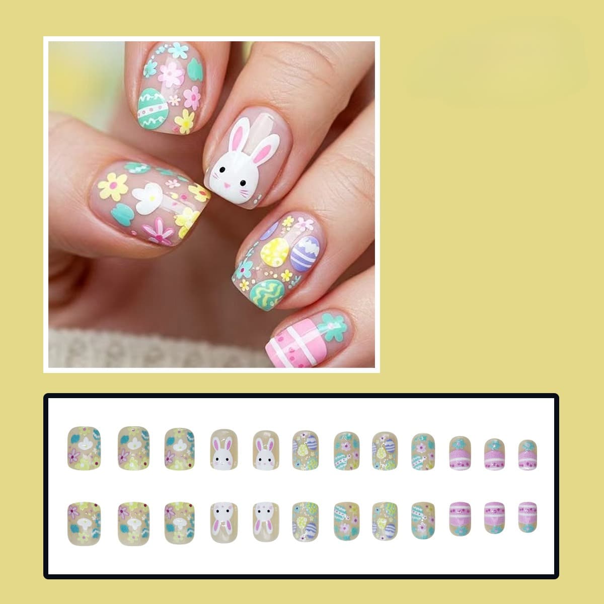 TEMU 48pcs Easter Bunny & On Nails With Floral Short Square Fake Nails - Spring Suitable For Women &, Spring Summer Decorations