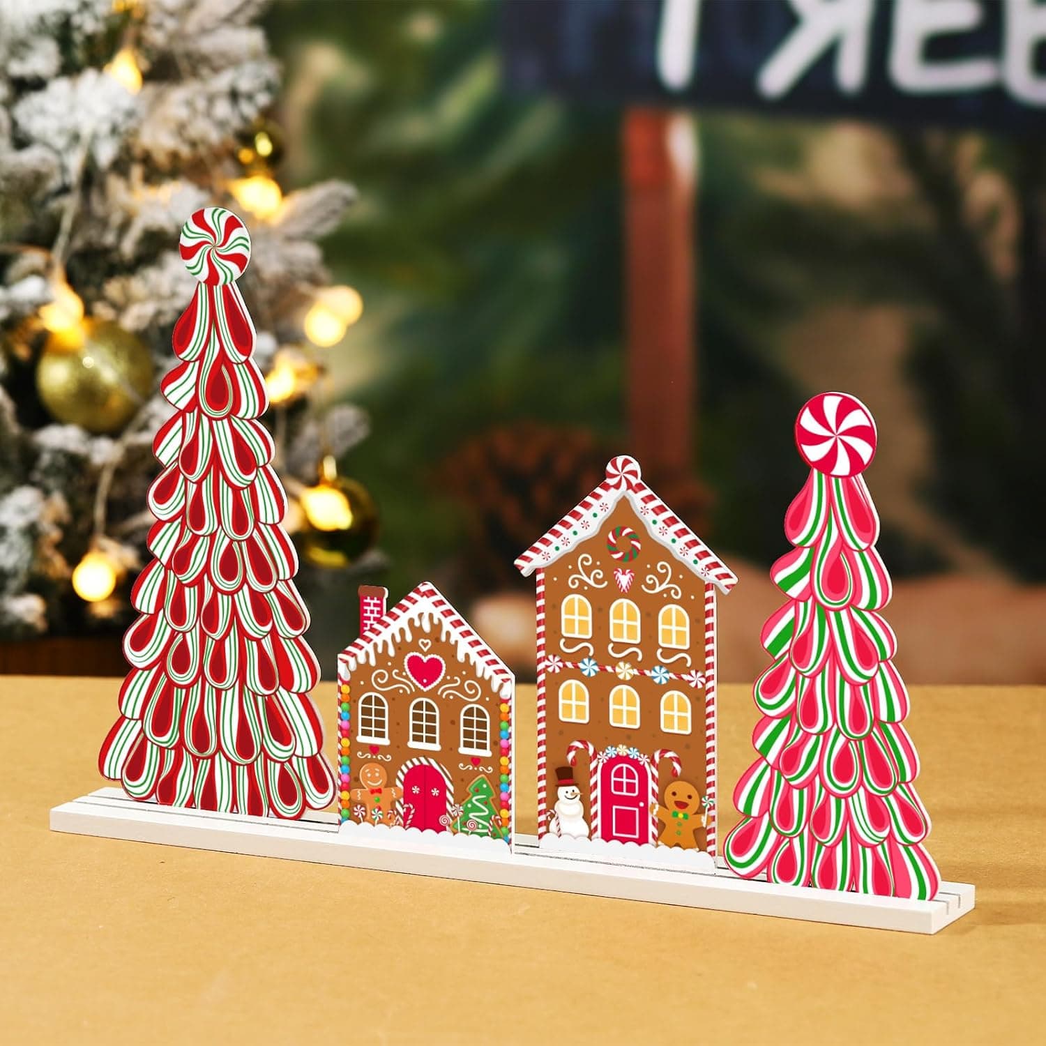 TEMU Christmas Gingerbread House Table Decoration - Wooden Table Centerpiece With Peppermint Cone Decorations For Farmhouse Tabletop Centerpiece Sign