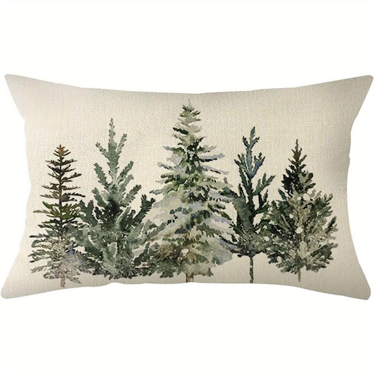 TEMU 1pc Festive Christmas Trees Lumbar Throw Pillow Cover - Vibrant Holiday Decor For Sofa & Couch, 100% Linen, Zippered, Machine Washable, 12x20 Inch, Christmas Pillow Covers