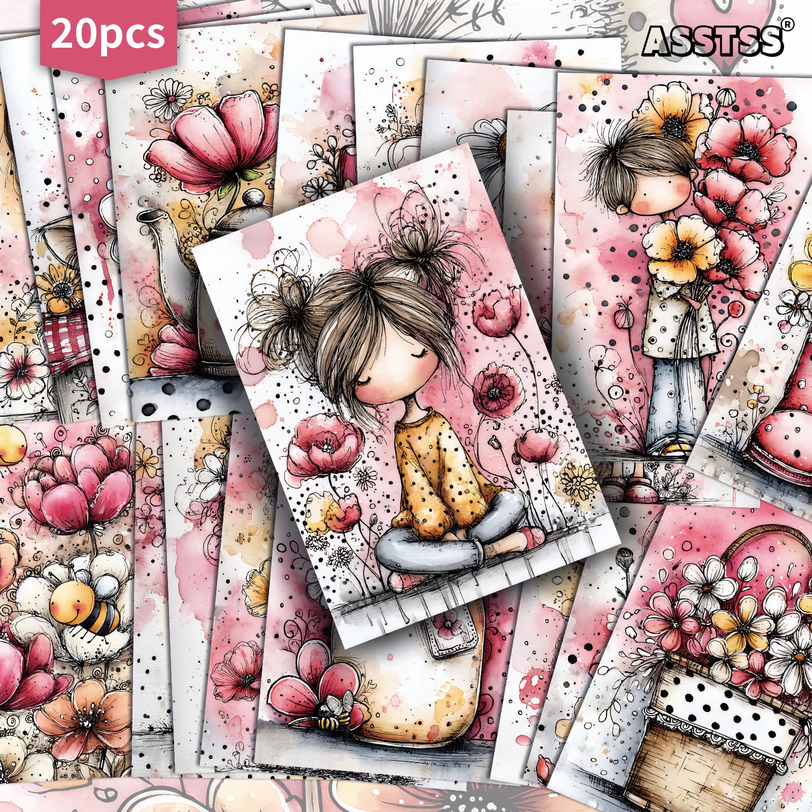 TEMU 20-pack Asstss Retro Pinup Girl Watercolor Cards - Spring Flower Gift Cards Suitable For Scrapbooking, Junk Journals & Crafting - Vintage Collectible Blanks/painted Pages (4x6in, 20 Pack)