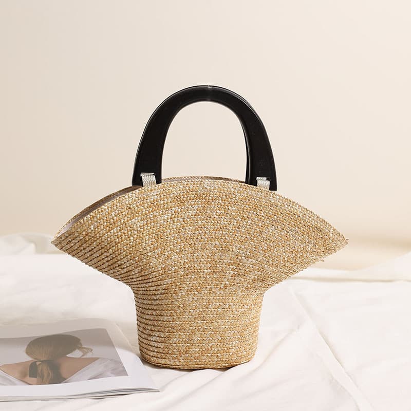 TEMU Design Wheat Straw Handcrafted Straw Woven Bags, New Wooden Hand-held Straw Woven Bags, Vacation Beach Bags, Versatile Women's Bags