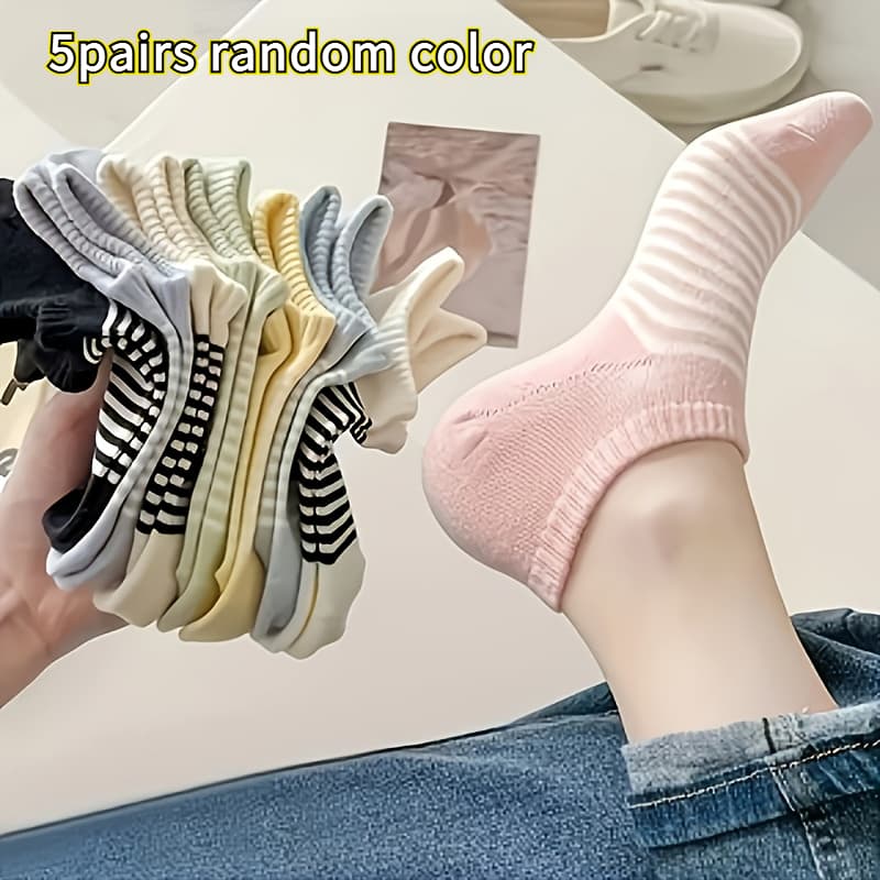 TEMU 5pairs Random Color Women's Striped Ankle Socks - Colors (black, White, Beige, Light Blue, Pink) - Soft And Breathable, Casual Wear Invisible Socks, Cute Candy-colored Socks
