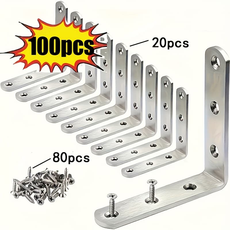 TEMU 100pcs Of Right-angle L-shaped Fixing Brackets With Screw Set, 20 Angle Brackets 80 Screws, Furniture Connectors, Iron Reinforcement Corner Supports