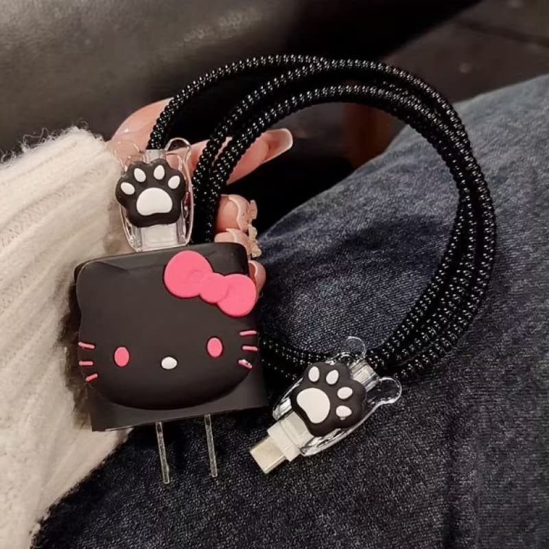 TEMU Protective Case For Charging Cable Featuring A Black Cartoon Design Of 's Hello Kitty, Designed To Prevent Bending And Enhance Practicality For Iphone Users