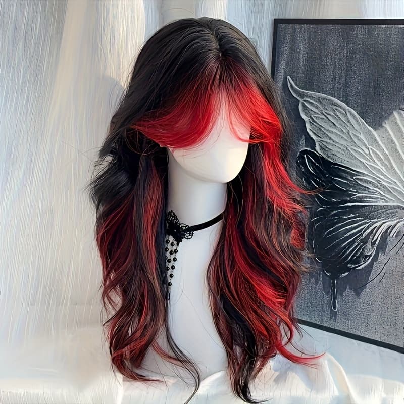 TEMU A Versatile Daily Wig For All, Featuring Black And Red Colors, In Medium And Large Waves, With A Long Trendy And Sophisticated, Perfect For Parties And Halloween