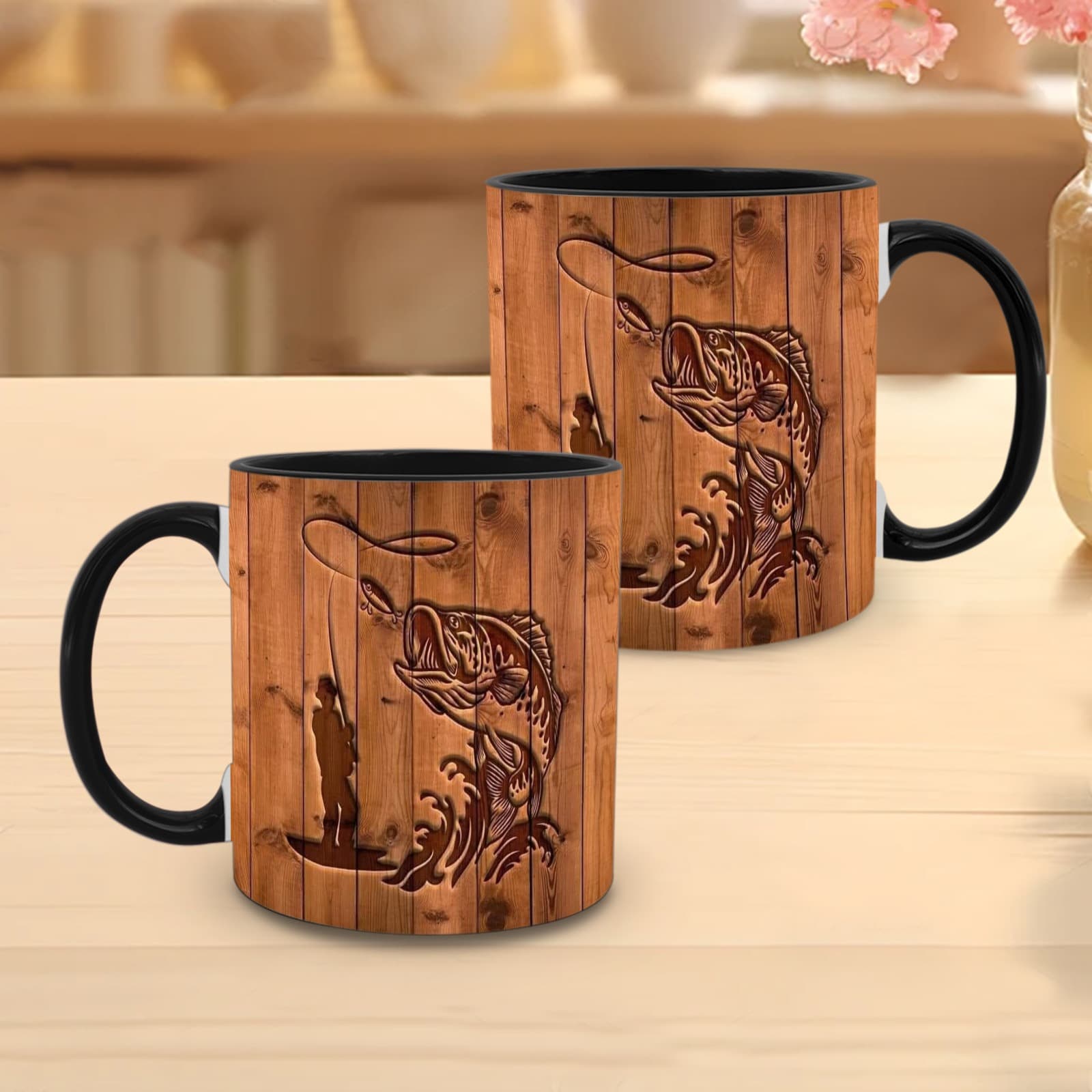 TEMU 1pc, Fishing, 11 Oz Color Ceramic Mug, Wood Carving Style , For Home, Office, Cabin, Tumbler, Gift For