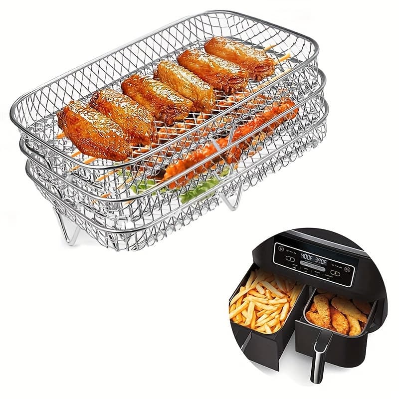 TEMU The Rectangular Air Fryer Rack Is Suitable For Baking And Roasting, Featuring -layer Stainless Steel Dehydrator Rack. A Versatile Accessory Compatible With Most Air Fryers.