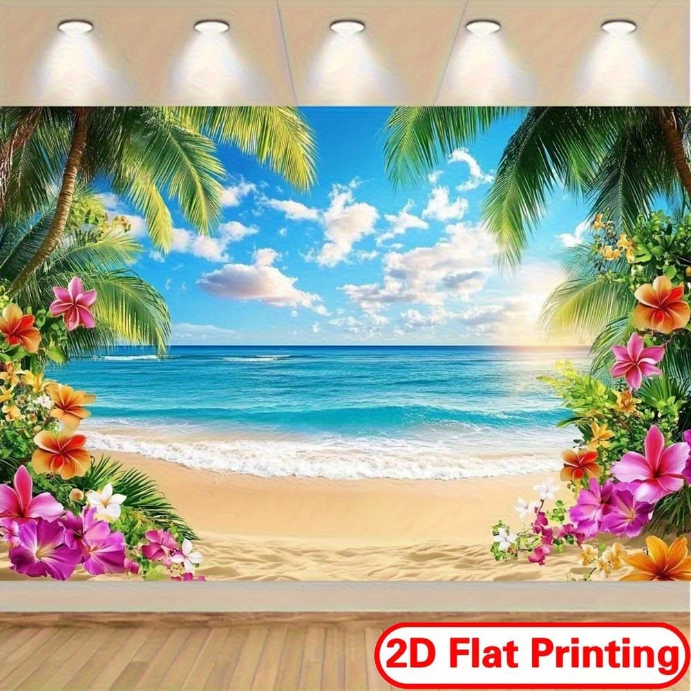 TEMU 2d Flat, 2d Flat - 2d Flat, 2d Flat - 1pc A Vibrant 2d Flat Banner Featuring An Beach Party Backdrop, Complete With Trees, Colorful Flowers, And . Made From Durable Polyester Fabric