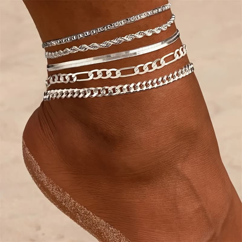 TEMU 5pcs Waterproof Golden Ankle Bracelets For Women, Anklet, Layered Cuban Chain, Fishbone Chain, Cute Anklet Set, Summer Beach Jewelry, Gifts For Women And Teen