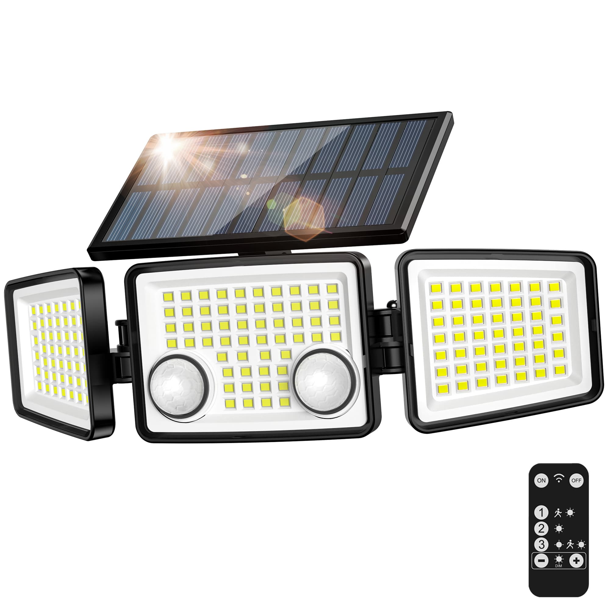 TEMU 3000lm Solar Outdoor Lights Motion Sensor, 3 Head Adjustable Solar Lights With 180° Wide Angle, 3 Lighting & Remote Control, Solar Lights For Yard Garden Patio Fence Driveway (1 Pack)