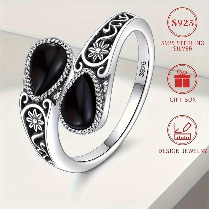 TEMU Gift Box S925 Pure Silvery Black Onyx Women's Ring Spoon Ring Low Allergy Nickel-free Retro Style Adjustable Statement Thumb Jewelry Daily Party Holiday Gift