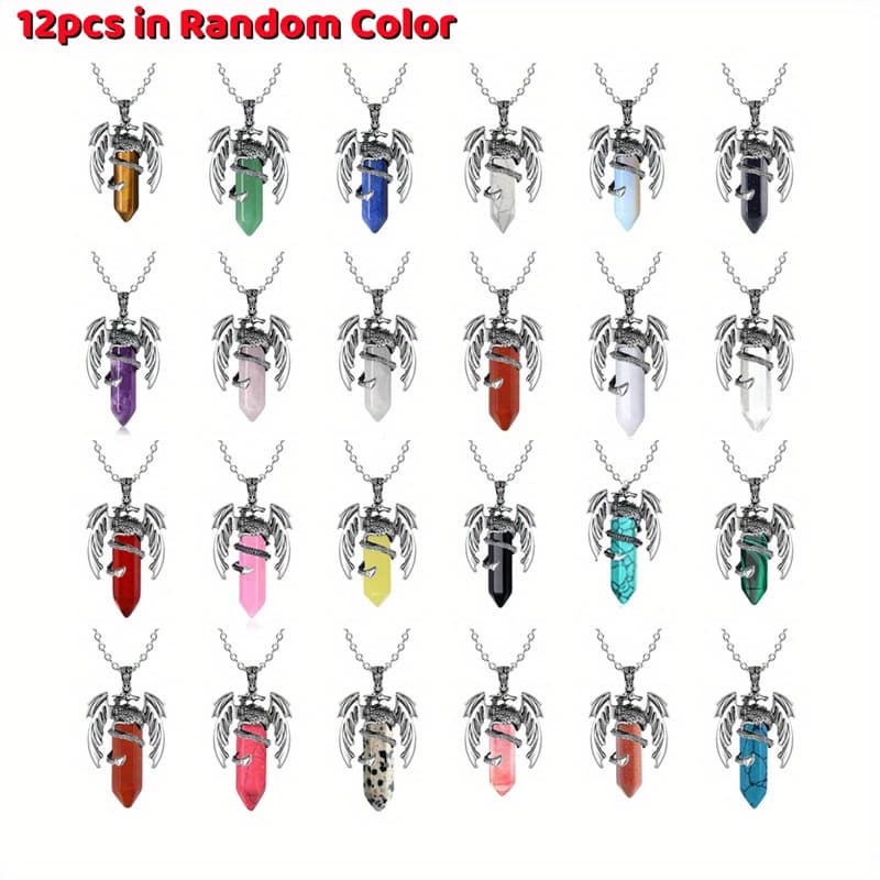 TEMU 12pcs Dragon Pendant Necklaces In Random Colors, Funky Hexagonal Natural Crystal Pendant Necklace With Wrapped Around, Fashion Jewelry For Men And Women, Perfect For Gift-