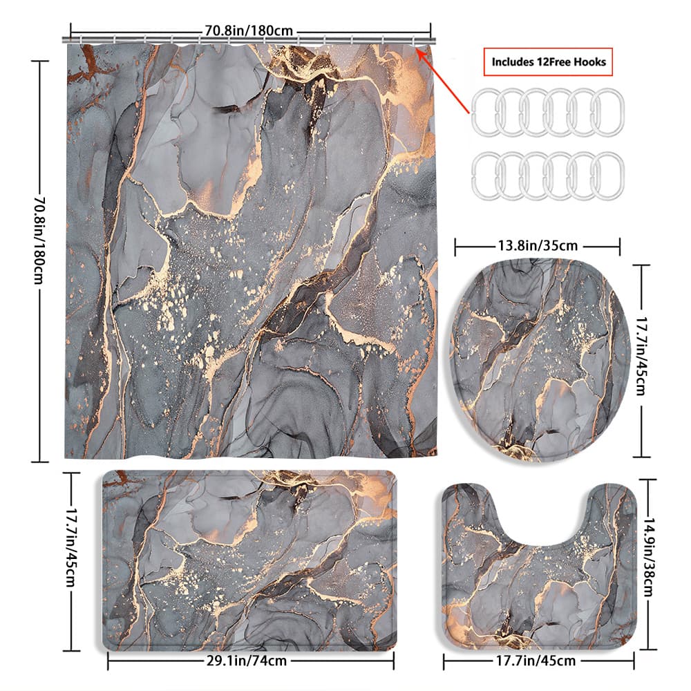 TEMU 4pcs Marble Curtain Shower Curtain Decoration, Beautiful Housewarming Gift Decoration, Shower Curtain And Toilet Floor Mat Three-piece Set Comes With 12 Shower Curtain Hooks