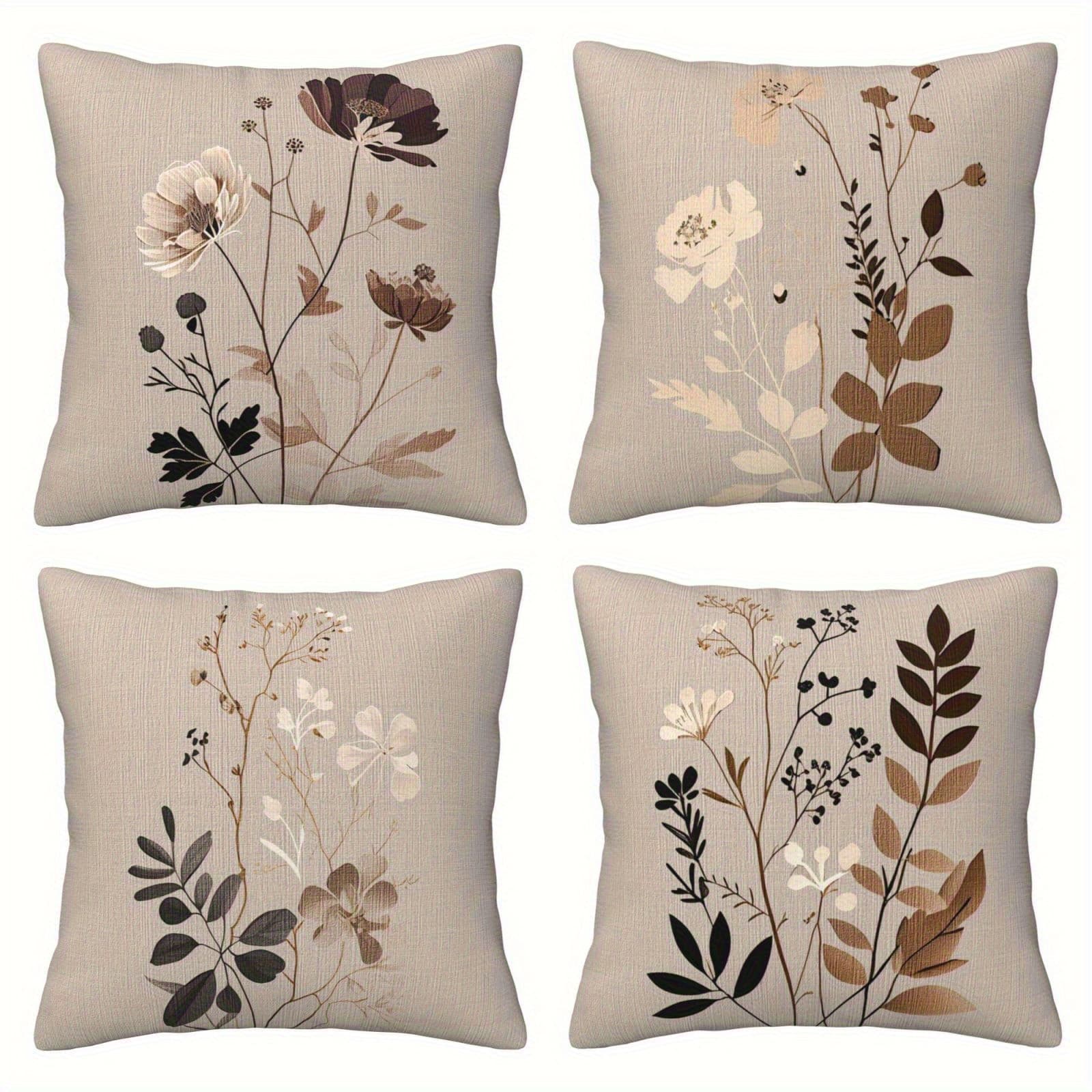 TEMU 4pcs Throw Pillow Covers - Elegant Botanical Beige, Brown & Gray With Zip Closure, Machine Washable For Living Room, Bedroom & Sofa Decor, Contemporary Style, Decorative Pillows