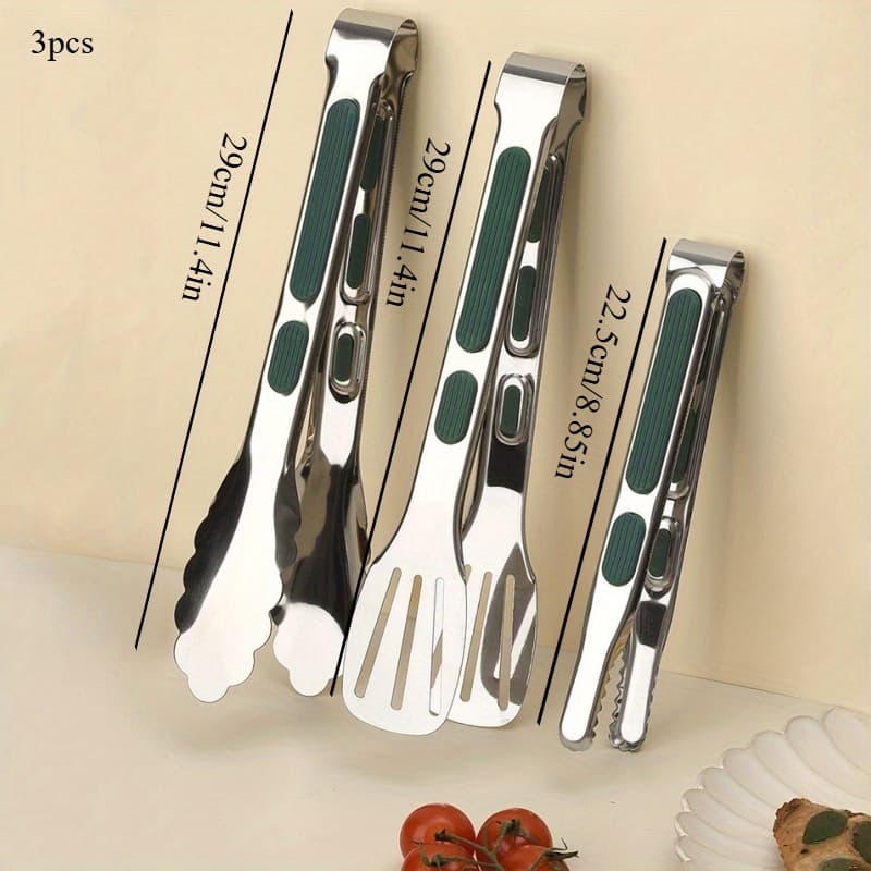TEMU Set Of 3 Stainless Steel Food Tongs, Ideal For Buffet And Barbecue, Featuring Silicone Grips For Handling Steak And Other Foods