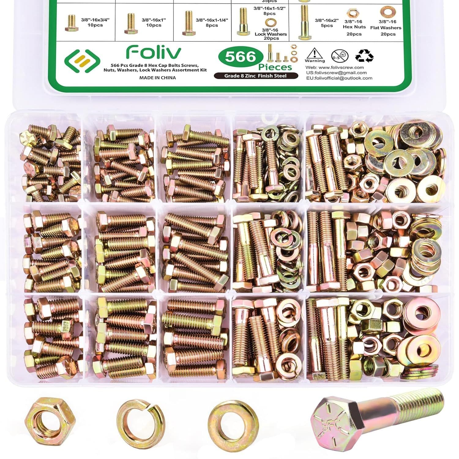 TEMU 566pcs Heavy Duty Bolts And Nuts Assortment Kit, Grade 8 Hex Screws Bolts Nuts Kit, 1/ 4 5/ 16-18 3/ 8-16, 15 Common Sizes Included