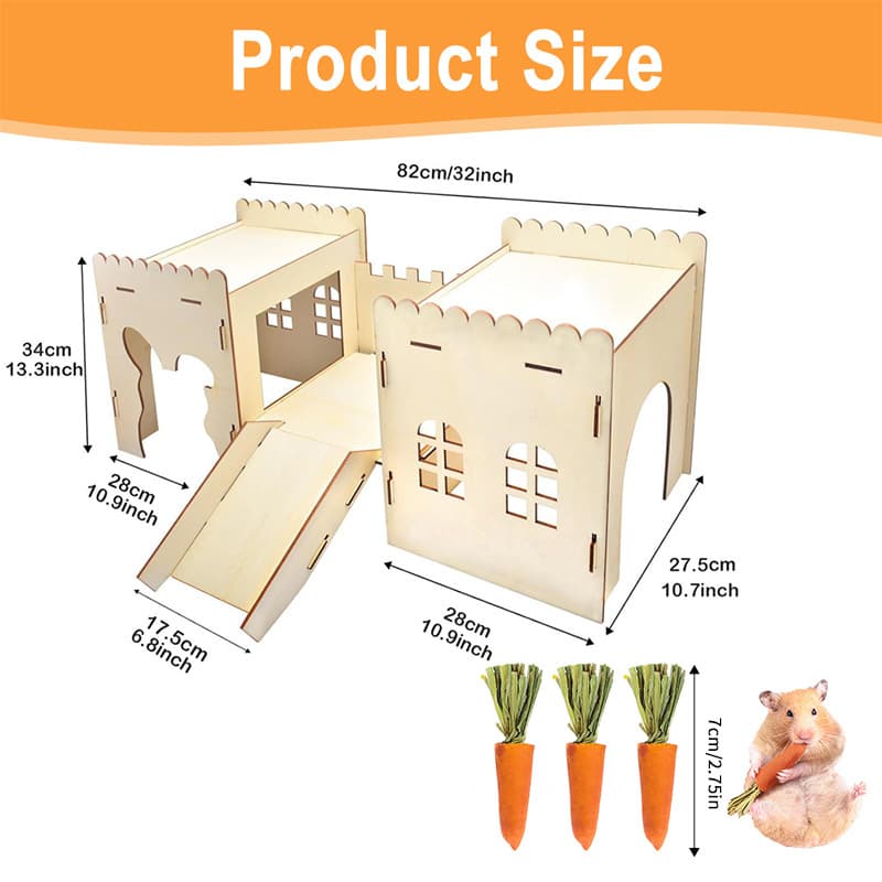 TEMU Natural Wood Rabbit Castle, Pet Hideout Playroom With Stairs, Safe Multi-level Design, Interactive Space Saving, For Rabbits Gerbils Hamsters, Bunny Castle