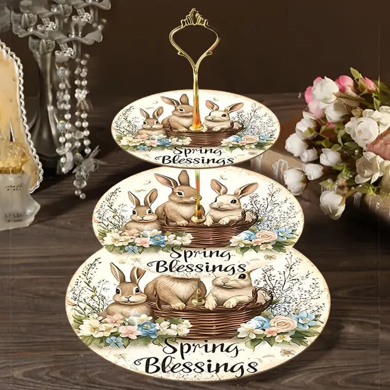 TEMU 1pc Wooden Easter Bunny Art Tray With '' Design - Three-tiered Display For Small Items, Perfect For Parties, Weddings, Birthdays, And Holiday Decorations, Non-edible And Safe