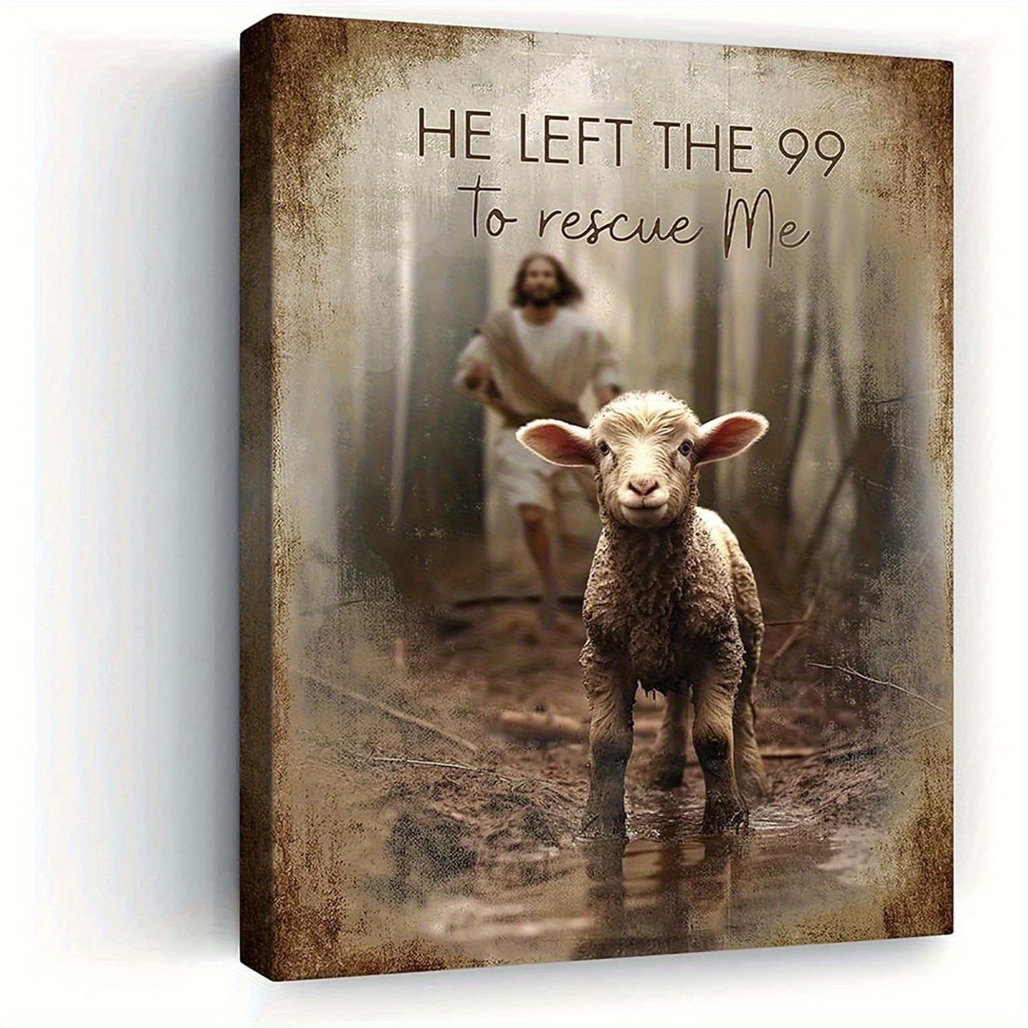 TEMU 2d Flat, 2d Flat, 1pc Lost Lamb Canvas Wall Art - Framed Religious Inspirational Poster With Pine Wood Frame, For Bedroom, Living Room, Office & Dining Room Decor, Religious Wall Art