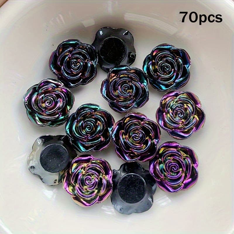 TEMU 70pcs 0.47in Random Color Mixing Rose Flower Resin Decorative Crafts Flat Back Convex Round Flower Additions Headdress Applique Jewelry Making Valentine's Day Gift Decoration