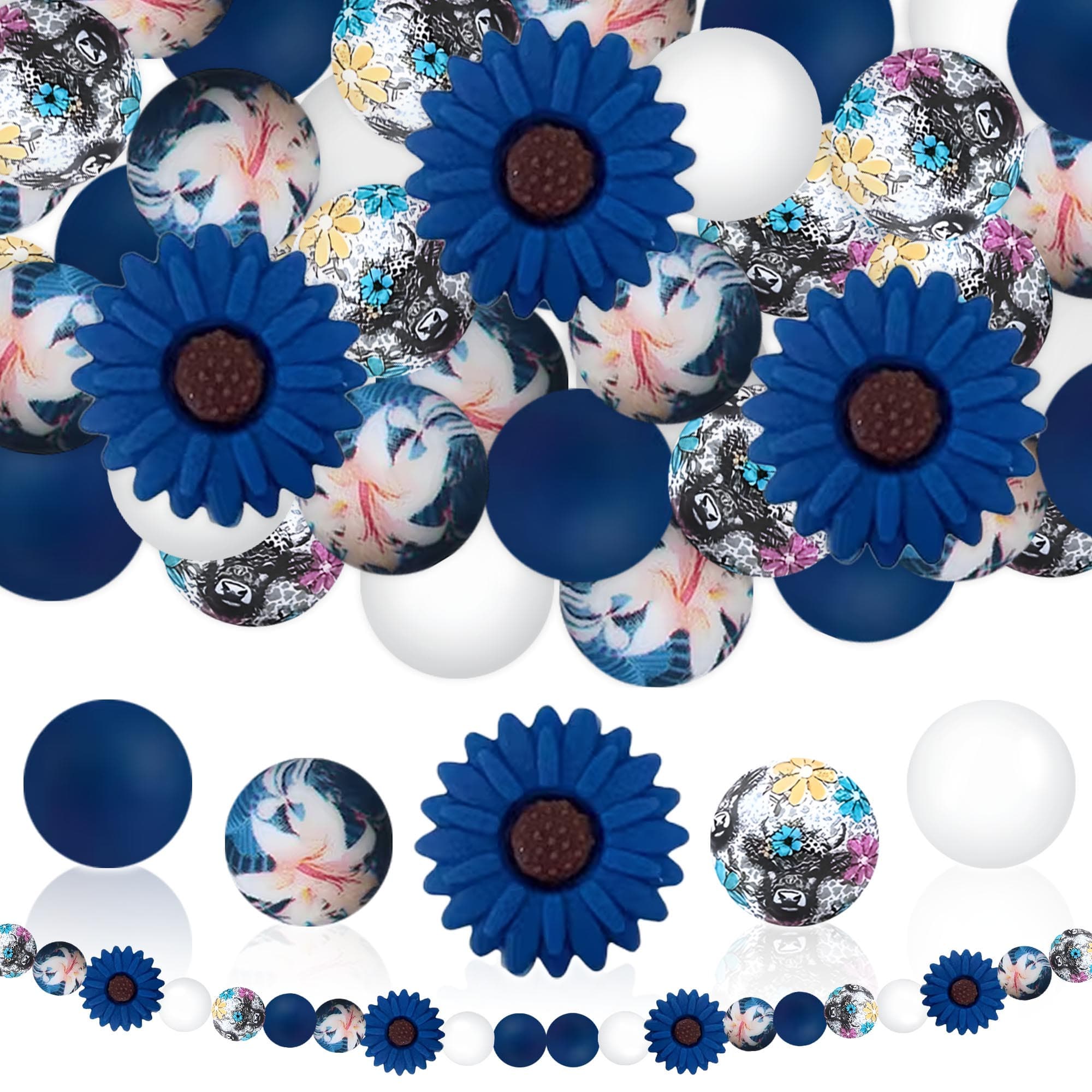 TEMU 27pcs 15mm Sunflower Silicone Beads For Pens Bulk Beads For Key Rings Bag Chains Phone Charms Home Décor Spring Summer Indigo Botanical Theme Craft Supplies Bulk Beads Set